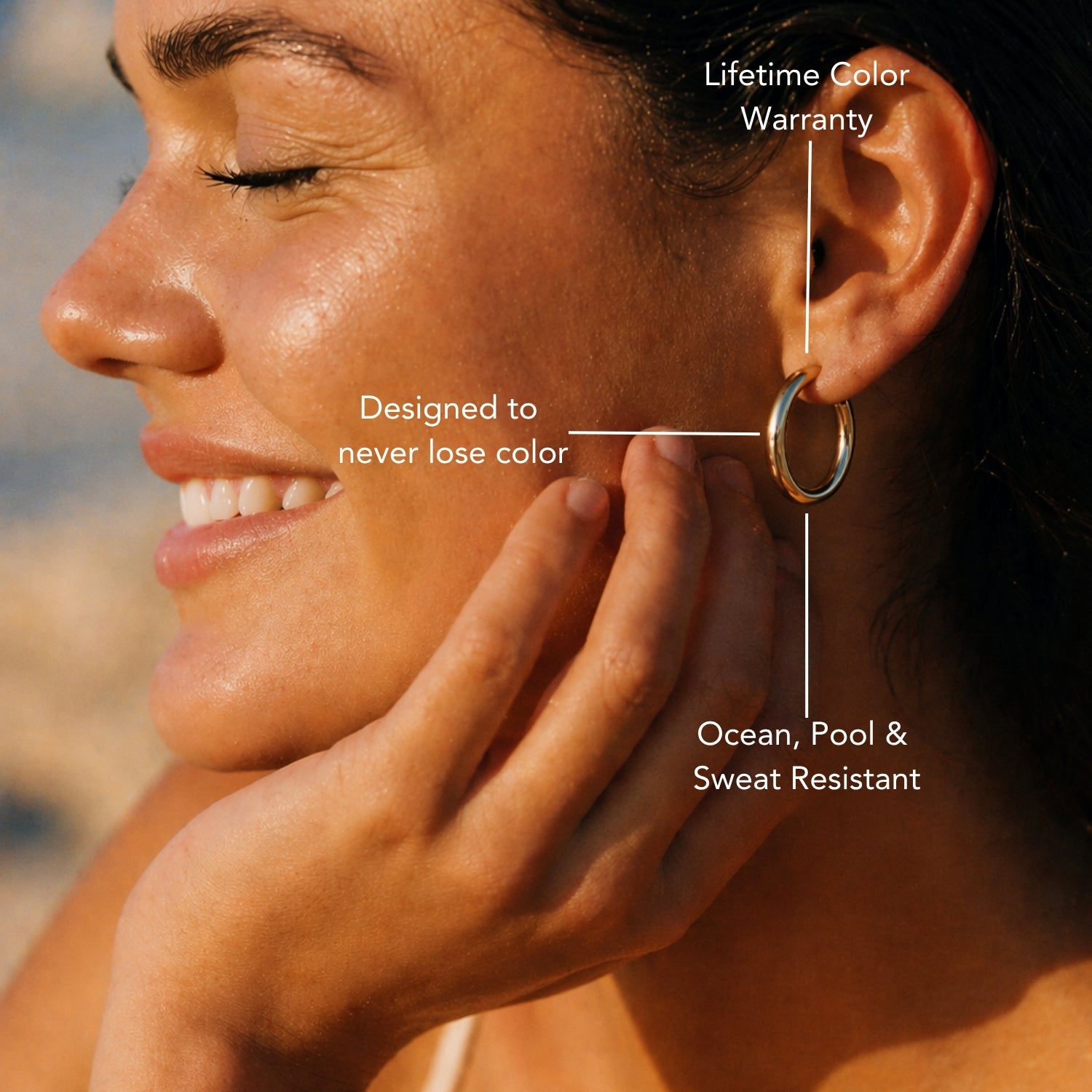 14K Gold Classic Hoop Earrings On Model Waterproof And Tarnish Resistant