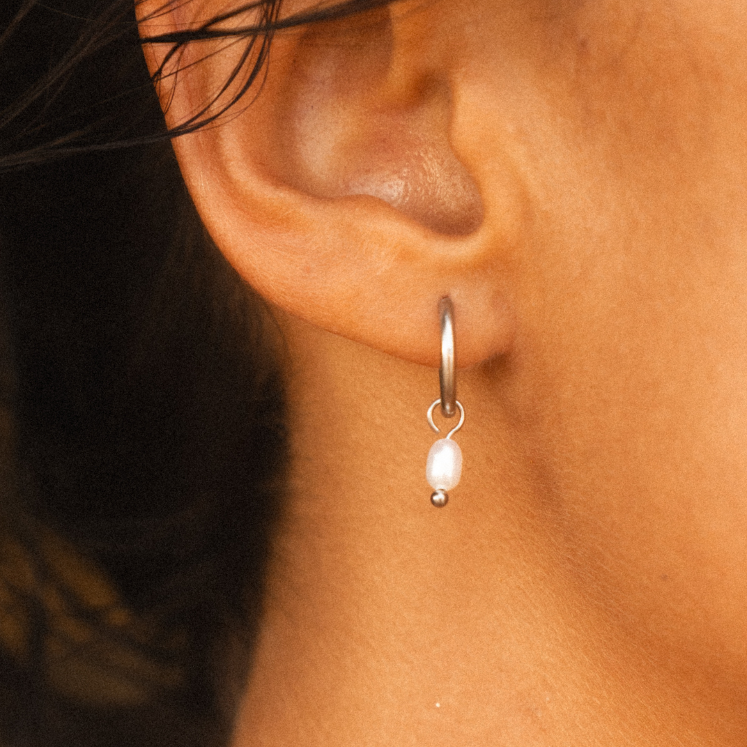 Slver Pearl Huggie Hoops