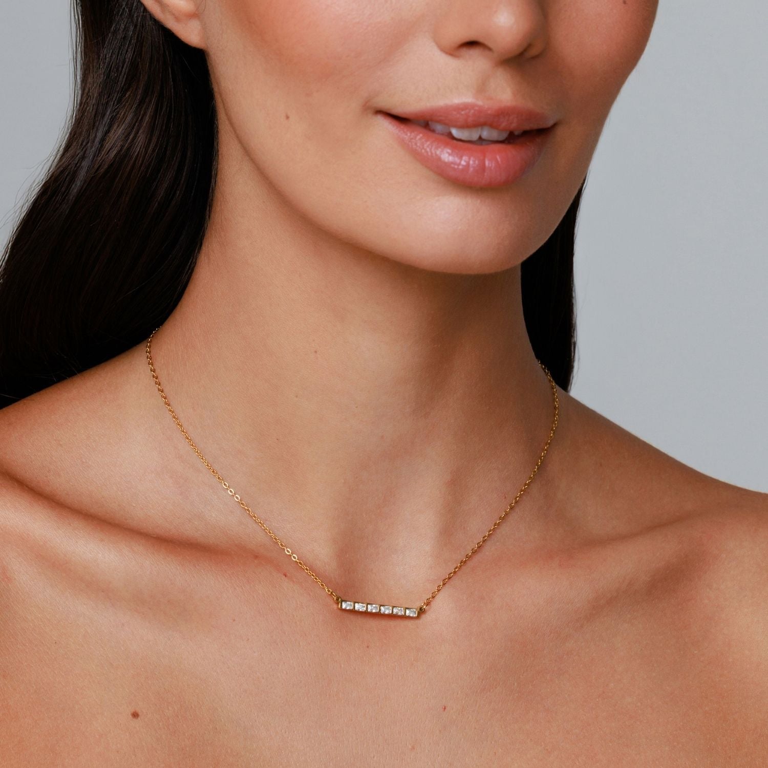 Woman Wearing Baguette Line Necklace