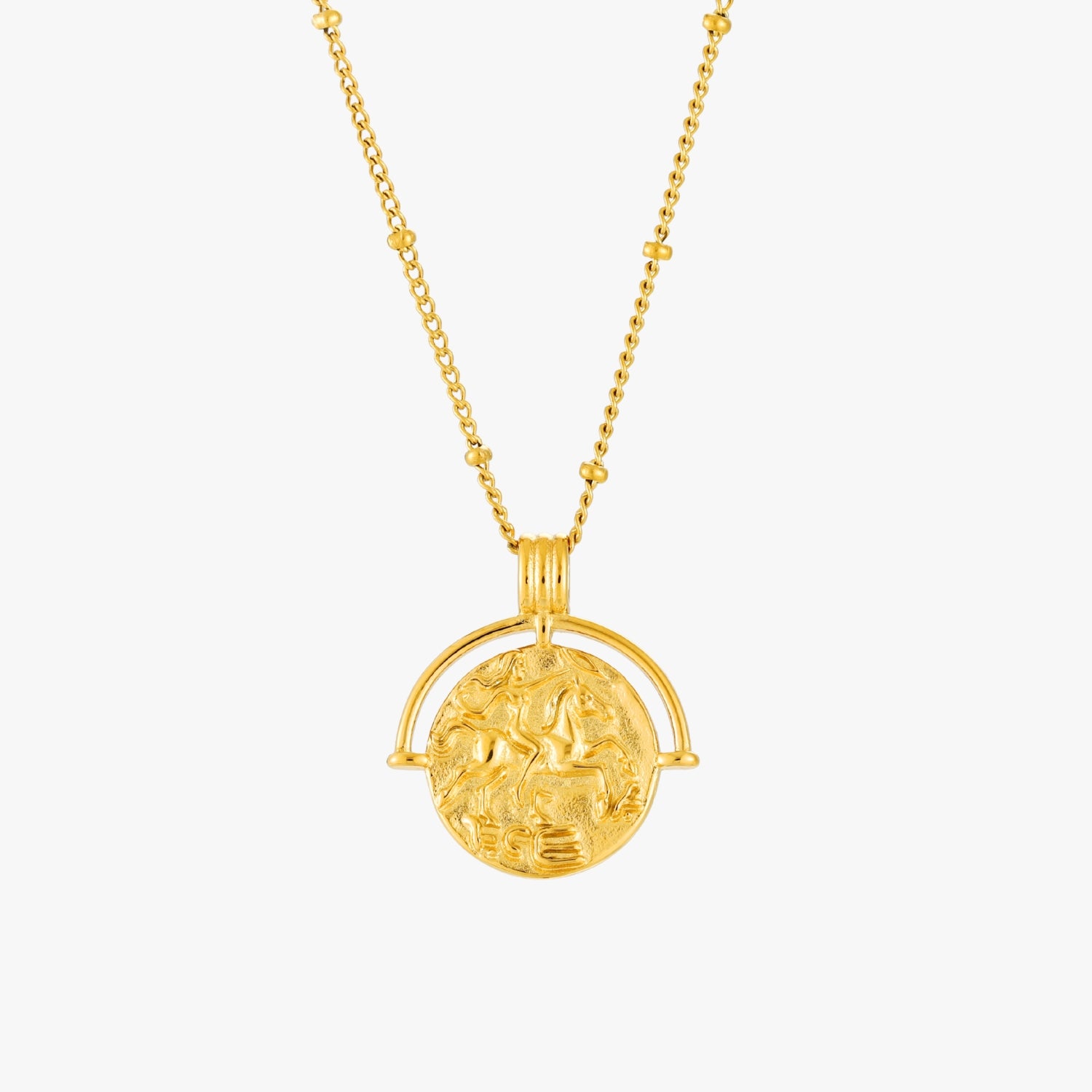 Goddess Pendant Gold Coin Necklace Close-Up With Detailed Engraving, Waterproof Tarnish-Resistant Jewelry