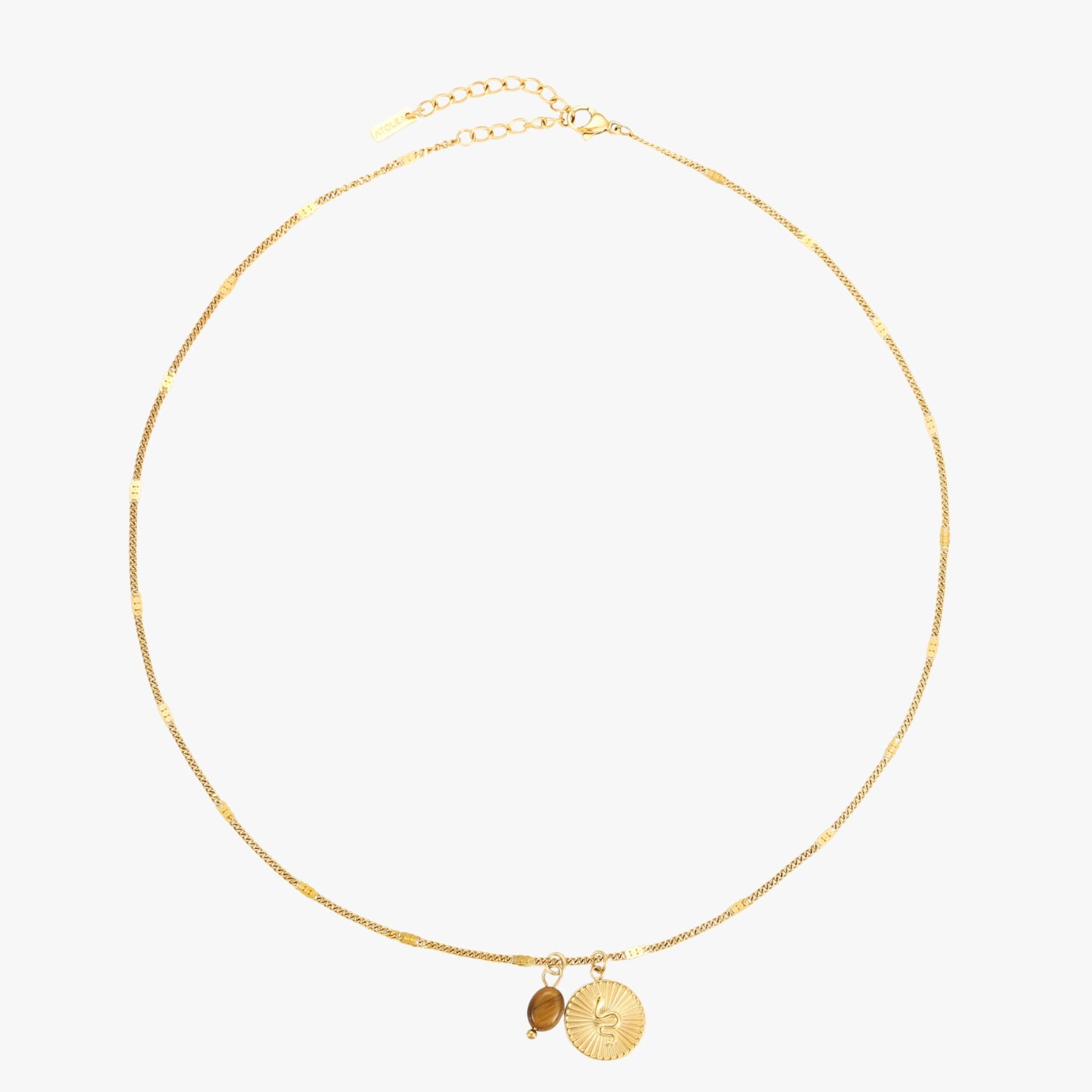 Golden Snake Necklace Full Gold Chain With Snake Coin Pendant And Tiger Eye Detail, Waterproof Tarnish-Resistant Jewelry