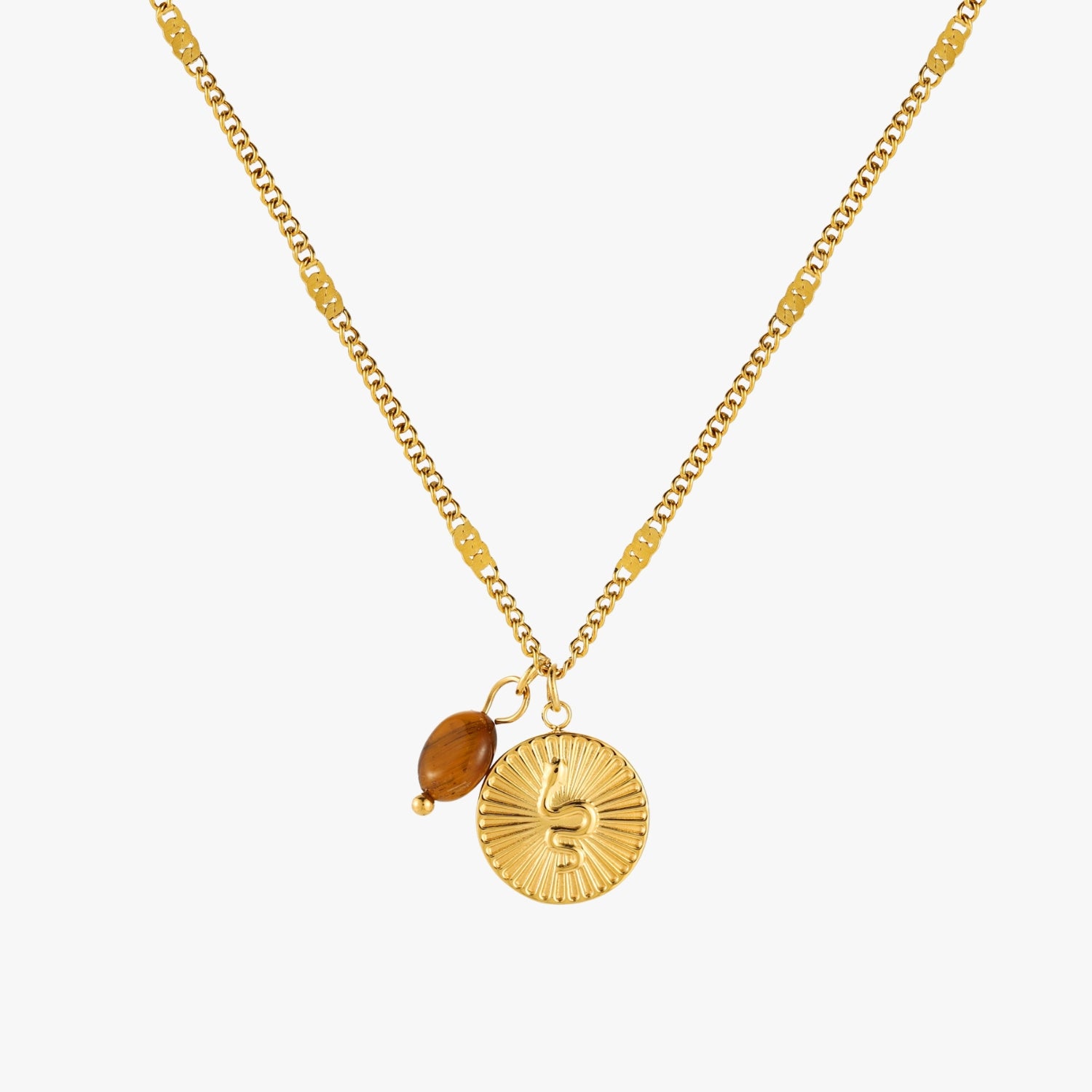 Golden Snake Necklace Gold Chain With Snake Coin Pendant And Tiger Eye Stone, Waterproof Tarnish-Resistant Jewelry
