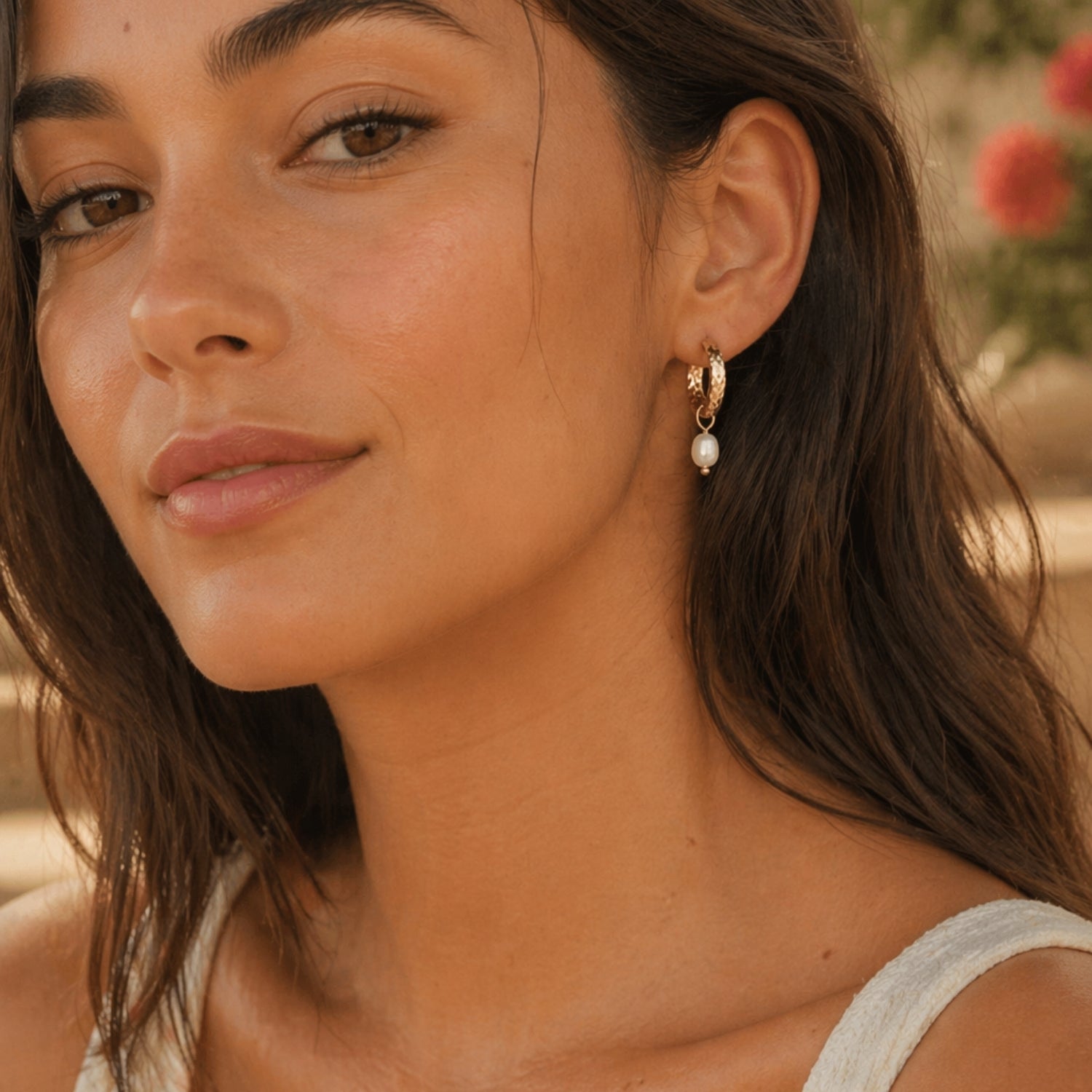 Hammered Pearl Hoop Earrings In 14k Gold Worn, Textured Hoops With Pearl Drop, Waterproof Jewelry