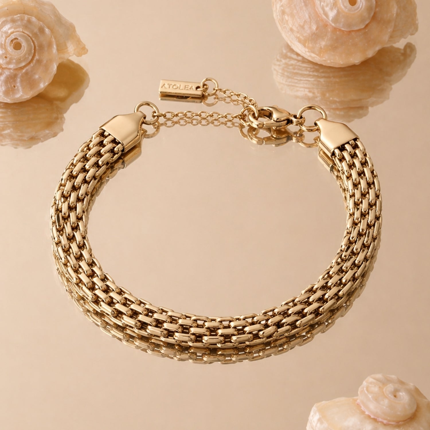 Sifnos 14k Gold Chain Bracelet Flat Lay With Shell Background, Waterproof Jewelry