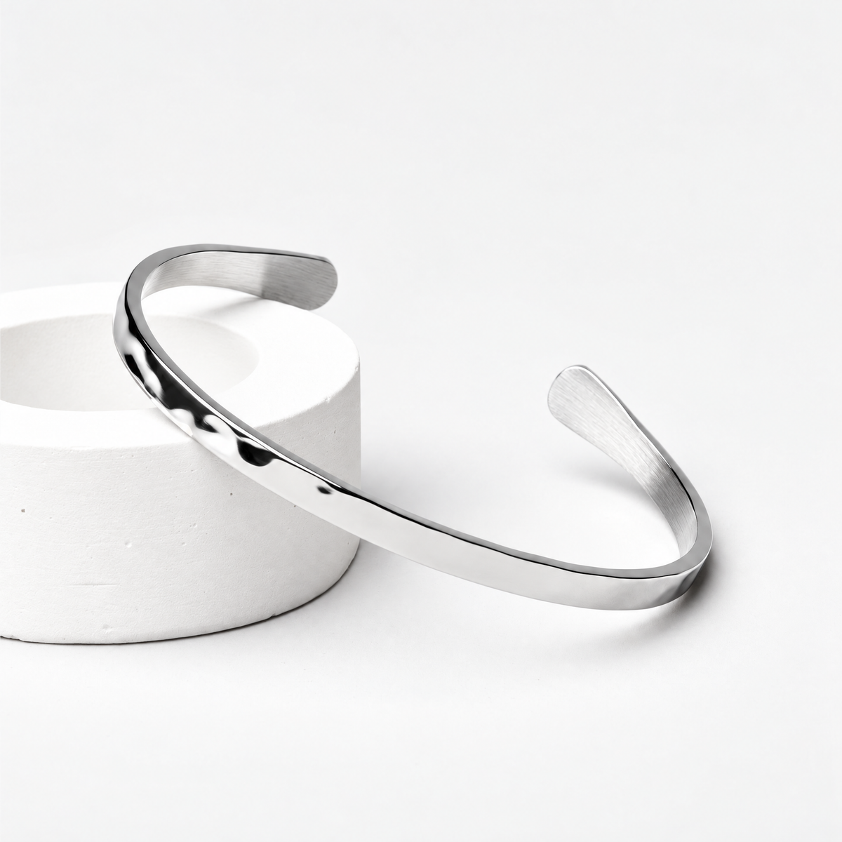 Silver hammered cuff bracelet, waterproof stainless steel